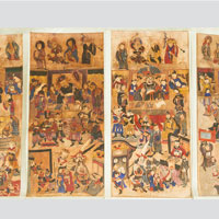 A collection of 12 painted Court or Judge scenes, watercollour on paper laid dawn on Textile,   Ming Dynasty  each 135x60 cm