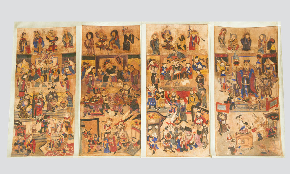 A collection of 12 painted Court or Judge scenes, watercollour on paper laid dawn on Textile, Ming Dynasty each 135x60 cm, Part 1 of 3 A collection of 12 painted Court or Judge scenes, watercollour on paper laid dawn on Textile, Ming Dynasty each 135x60 cm, Part 1 of 3