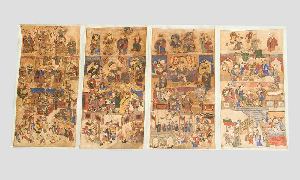 A collection of 12 painted Court or Judge scenes, watercollour on paper laid dawn on Textile, Ming Dynasty each 135x60 cm, Part 2 of 3 A collection of 12 painted Court or Judge scenes, watercollour on paper laid dawn on Textile, Ming Dynasty each 135x60 cm, Part 2 of 3
