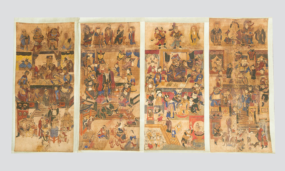 A collection of 12 painted Court or Judge scenes, watercollour on paper laid dawn on Textile, Ming Dynasty each 135x60 cm, Part 3 of 3 A collection of 12 painted Court or Judge scenes, watercollour on paper laid dawn on Textile, Ming Dynasty each 135x60 cm, Part 3 of 3